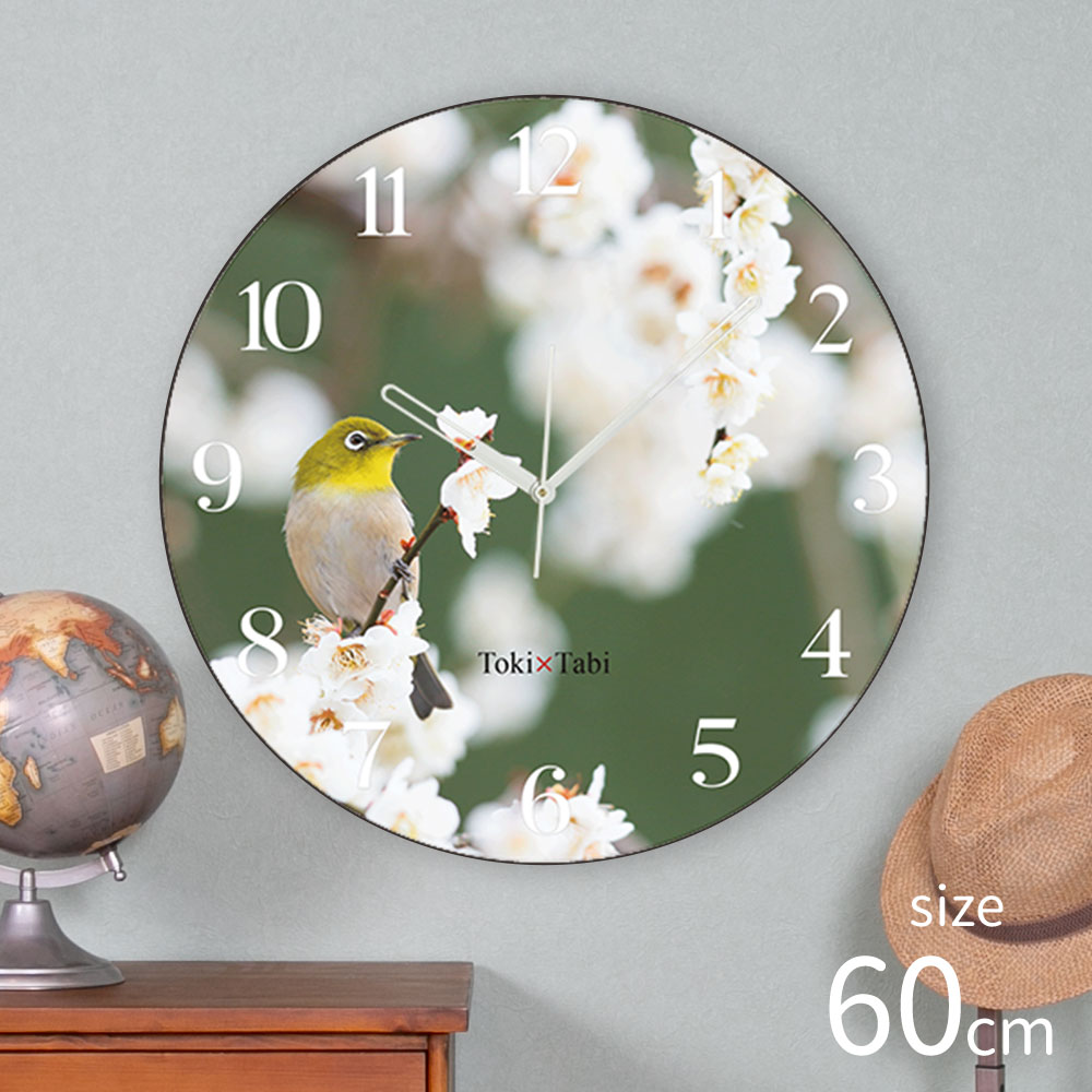 A+ (アクセントプラス) Toki×Tabi 梅の花とメジロ -white- 60cm 大型時計 秒針あり 大きい 時計 壁掛け時計 日本製 絶景 風景 丸い 静か 愛知県 名古屋市 バードウォッチング 鳥 白梅 満開|プリズム