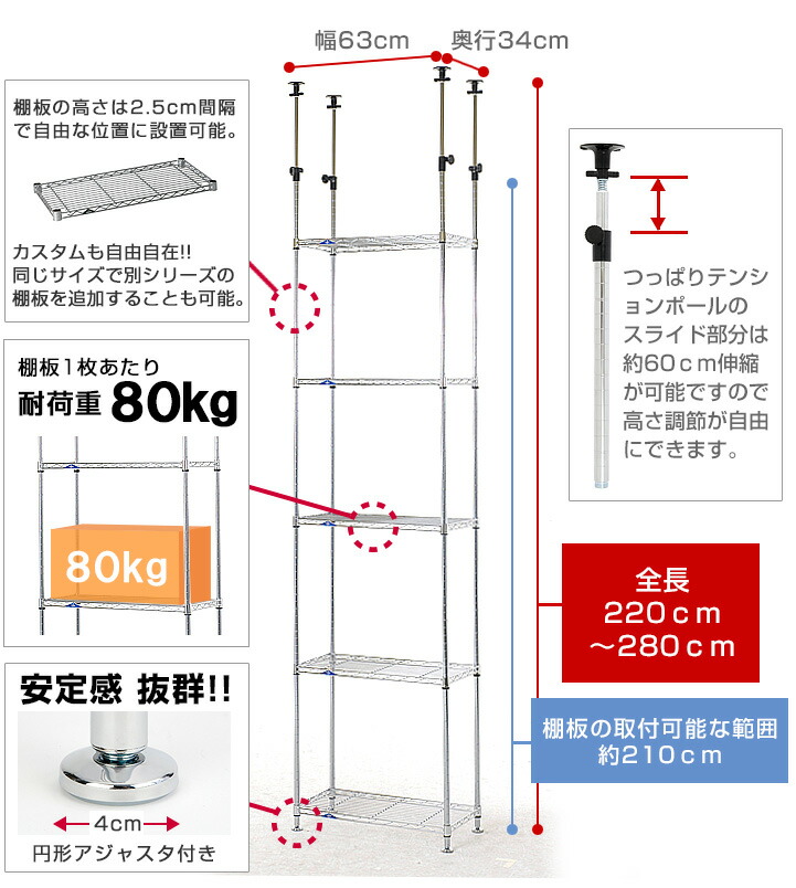 4月中旬入荷予定 突っ張り ラック つっぱりラック つっぱり棚 突っ張り スチールラック 棚 つっぱり棚 幅60 パイプハンガー 奥行30モデル 5段 スチール メタル ラック 業務用 頑丈 壁面収納 本棚 キッチン シェルフ 天井 突っ張り棒 転倒防止 テンションラック ルミナス