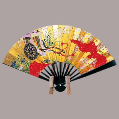 飾り扇子、金地飾り扇子 金箔地黒骨 御所車 まとめ買い10本