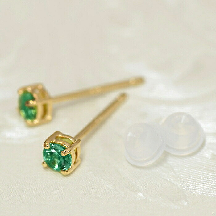 【バラ売り/1個】 ピアス 18金 イエローゴールド 天然石 エメラルドのスタッドピアス 直径3.5mm｜K18YG k18 18k パワーストーン 貴金属 ジュエリー レディース メンズ｜ジュエリー＆ネックレス RUBBY