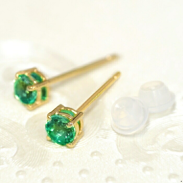 【バラ売り/1個】 ピアス 18金 イエローゴールド 天然石 エメラルドのスタッドピアス 直径4.0mm｜K18YG k18 18k パワーストーン 貴金属 ジュエリー レディース メンズ