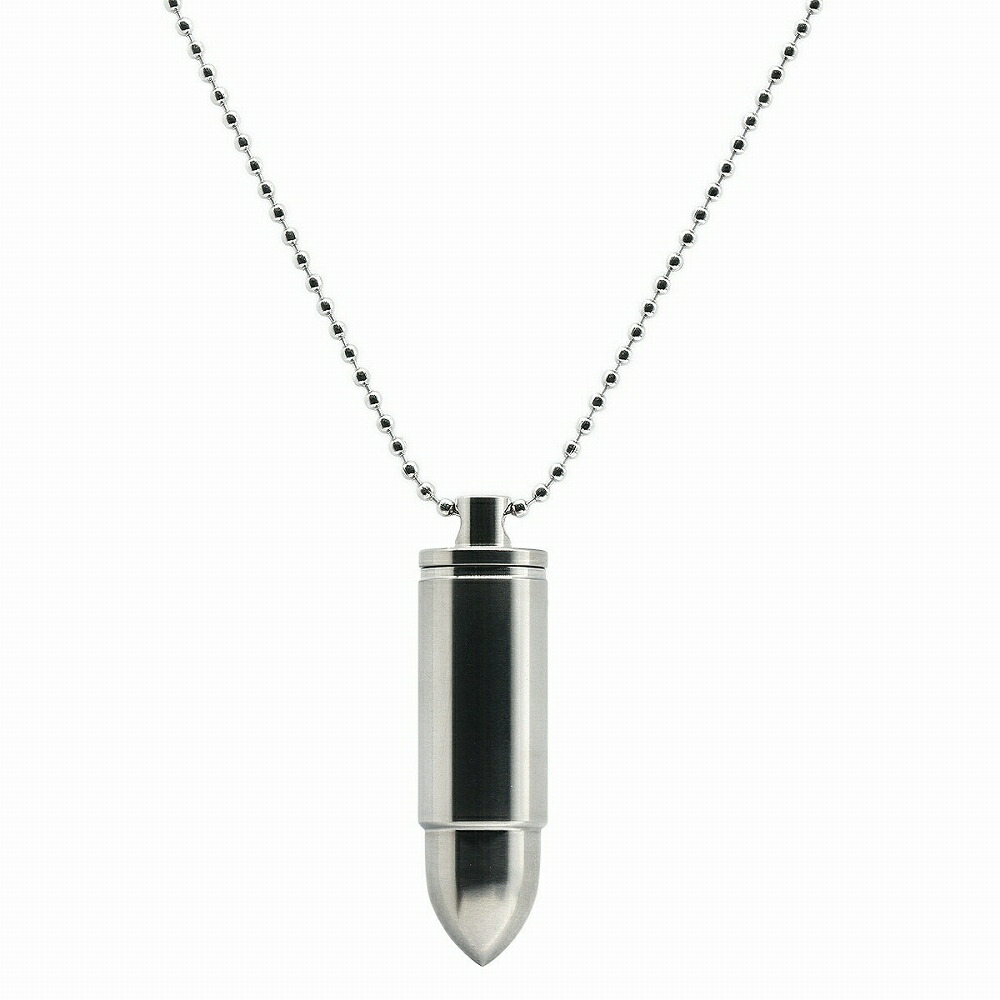 ペンダントトップ チタン 軽量でストレスフリー 弾丸型のネジ式ロケットペンダント 直径14.0mm 高さ50.0mm 銀色 シルバー ネックレスチェーン付き カプセル カロート 遺骨入れ 薬入れ ピルケース｜Titan アクセサリー レディース メンズ