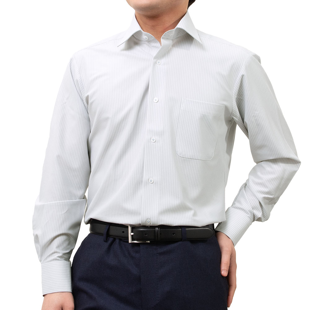 メンズ ワイシャツ ノンアイロン 長袖 グレー ストライプ ストレッチ 形態安定 ワイドカラー レギュラーフィット ニットシャツ 吸汗速乾 ビジネス IFMC. イフミック 血行促進 裄詰め不可 2604ft DF2604