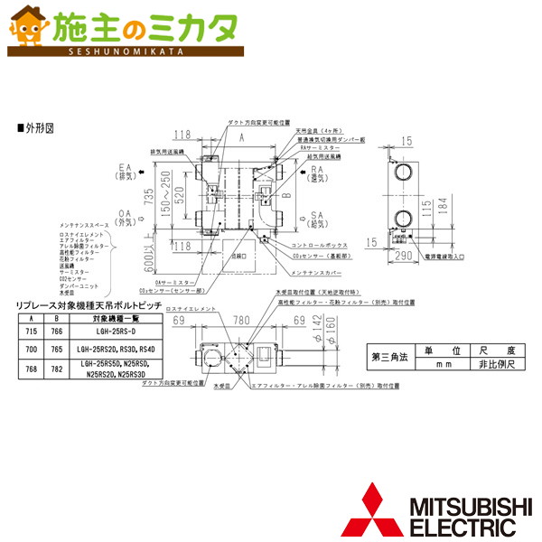 三菱【LGH-RN25RXV2D-C】※業務用ロスナイ天井埋込形　ＤＣリプレースマイコン ＣＯ２センサー付 単相200V 受注生産品 旧品番：LGH-RN25RXVD-C 管理番号：3080