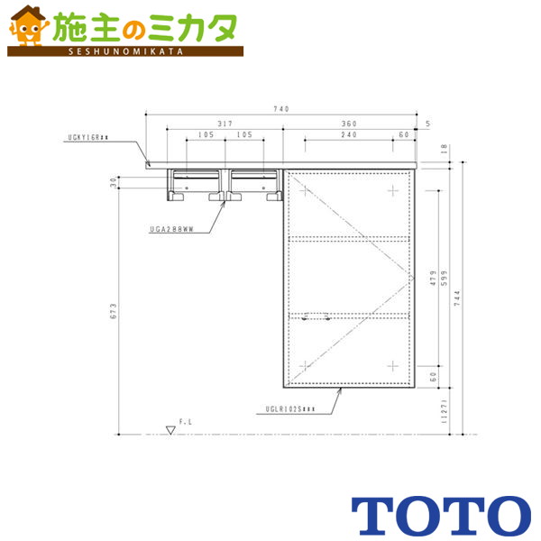 ▲TOTO フロア収納キャビネットセット 【UYC06R】※ワイドタイプ 740mm定寸 露出タイプ 右仕様 旧品番：UYC02RS｜施主のミカタ