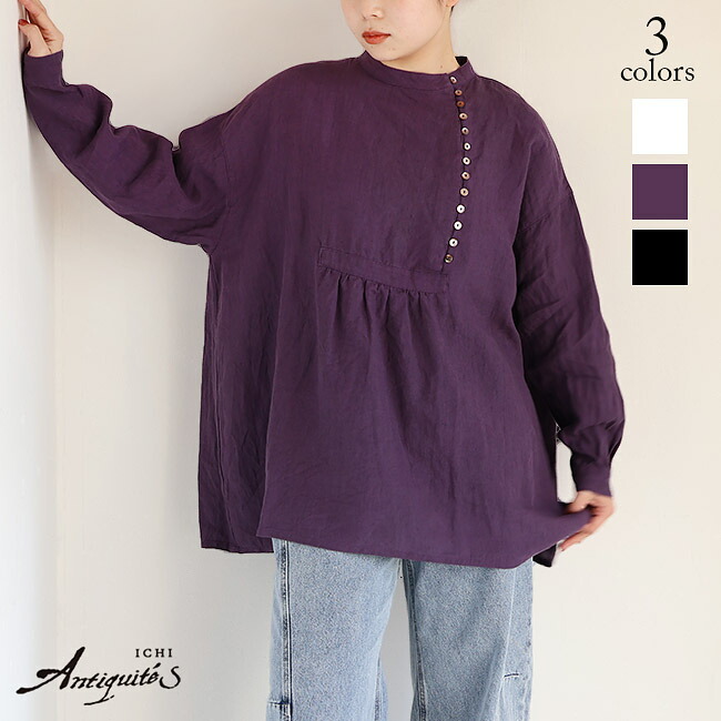【新作】iCHi Antiquites(イチアンティークス)リネンブロードななめ名取り草少からずプルオーバートップ 1100910(NATURAL)(PURPLE)(BLACK)（全3色）レディース(F)ソノリテ（sonorite)重ね着 トップ プルオーバー ゆったり 無償性大きさ イチ