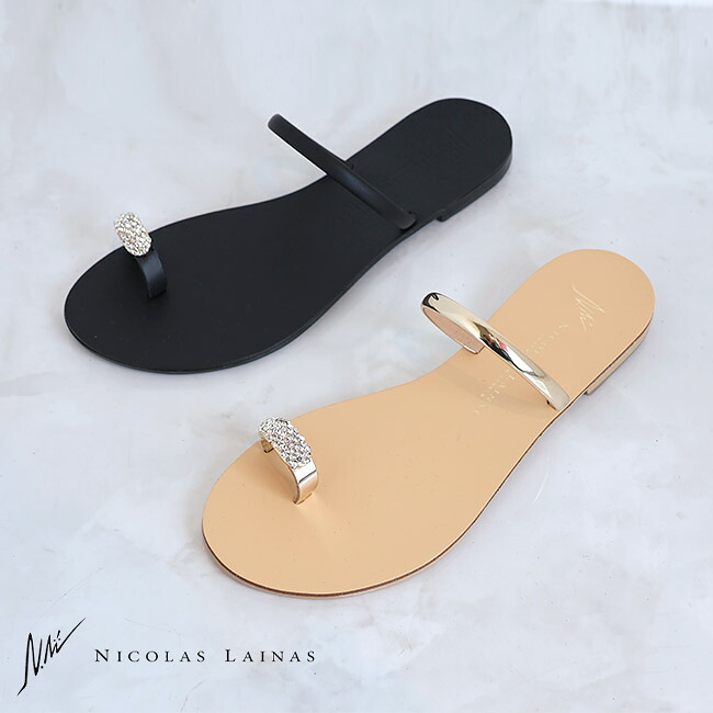 【30％OFF】NICOLAS LAINAS(ニコラスライナス)オヤユビビジュートングサンダル　243-T(ブラックxゴールド)(ナチュラルxゴールド)(全2色)(36)(37)(38)(39)(レディース)ソノリテ（sonorite) レザーシューズ　フラットサンダル　おしゃれ　ローヒール　ベージュ　セール　sale｜Sonorite