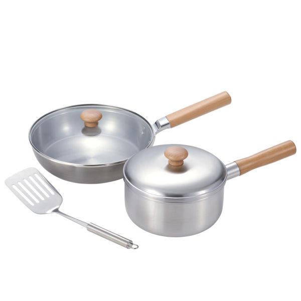 長日月 木柄片手鍋18珊＆鉄 木柄硝子蓋付フライパン24珊 物の具付 CS-049