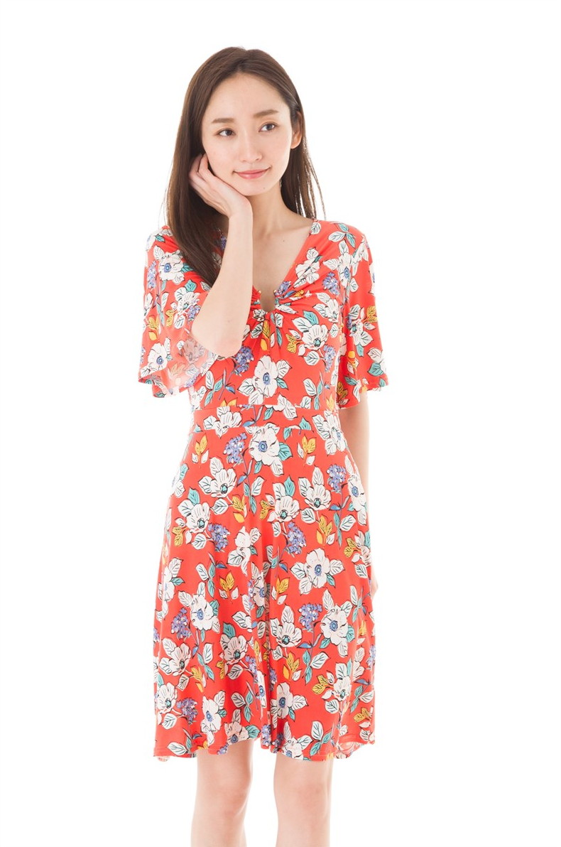 フランス レディース Paris パリ ワンピース インポート 大人可愛い ワンピース エジェリ Egerie ワンピース 膝丈 T1 T2 T3 T4 大人ワンピース レディース 五部袖 膝丈 総柄 ワンピース 上品 大きいサイズ ジャージー ｖネック ステラ