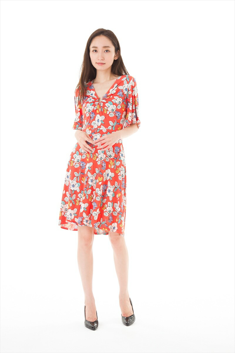 大人可愛い ワンピース 大人ワンピース パリ T2 エジェリ Egerie ワンピース Paris インポート 上品 T1 ワンピース 大人ワンピース レディース 五部袖 T3 フランス T4 膝丈 総柄 ワンピース 上品 大きいサイズ ジャージー ｖネック ステラ