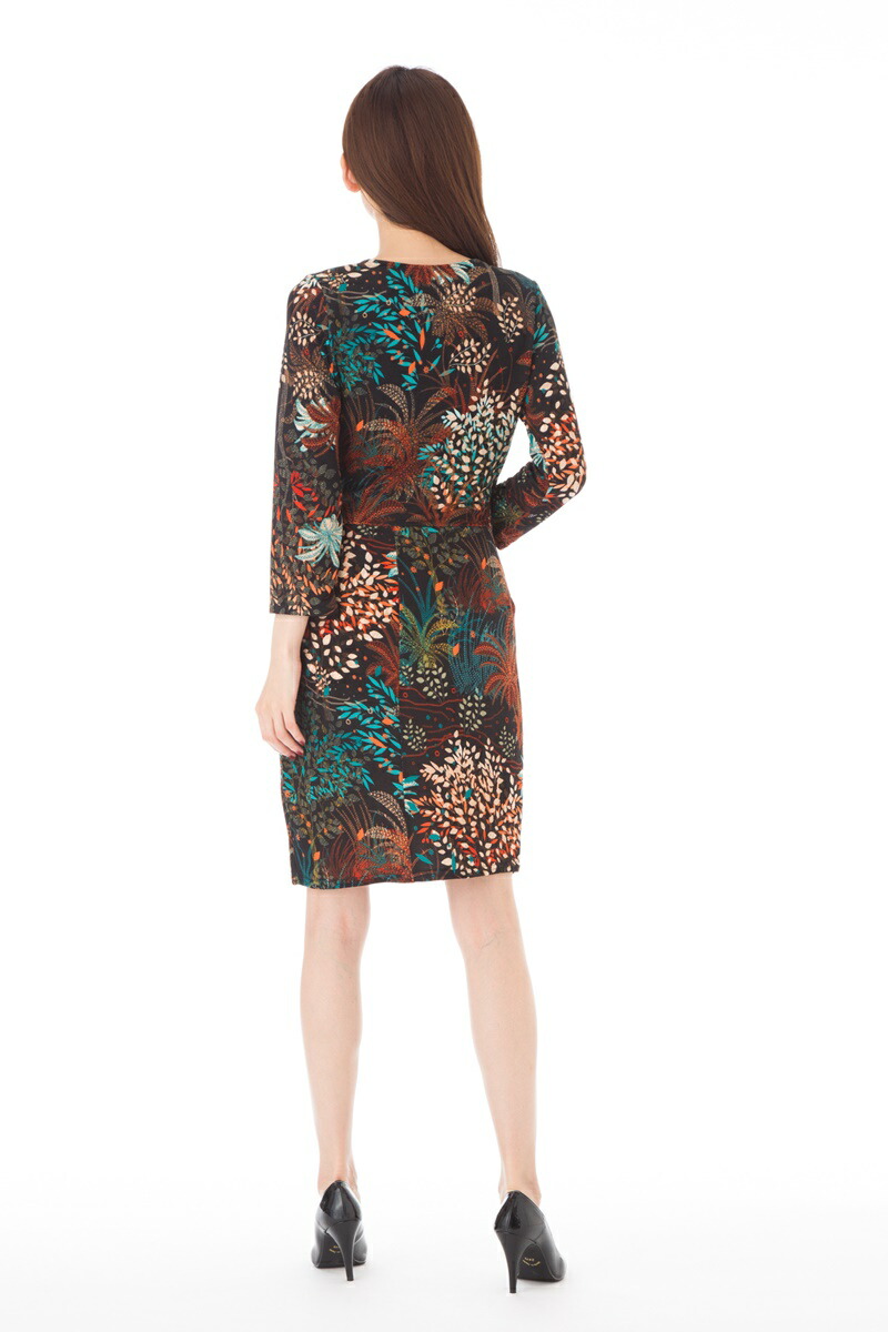 エジェリ Egerie ワンピース ワンピース インポート T3サイズ T2 リーフ柄 T1 T2 上品 リーフ柄 Paris T1 パリ 七分袖 ステラ レディース ステラ ひざ丈ワンピース ｖネック フランス Stellar 大人可愛い