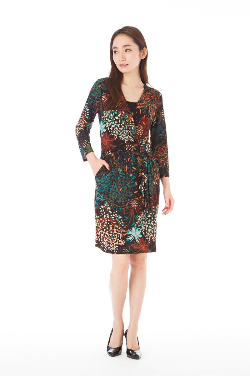 エジェリ Egerie ワンピース ワンピース インポート T3サイズ T2 リーフ柄 T1 T2 上品 リーフ柄 Paris T1 パリ 七分袖 ステラ レディース ステラ ひざ丈ワンピース ｖネック フランス Stellar 大人可愛い