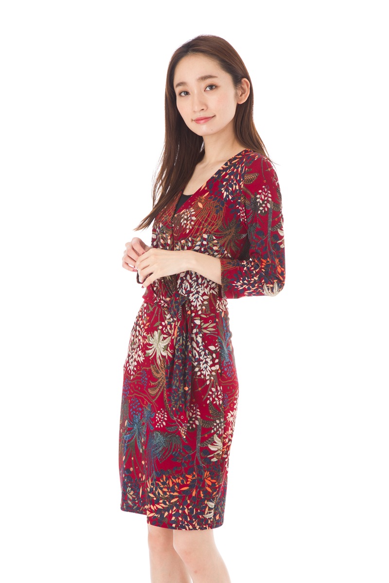 パリ ワンピース 大人可愛い 上品 フランス レディースレディースファッション Stellar ステラ T2 Paris T3サイズ インポート T2 T1 七分袖 T3サイズ エジェリ Egerie ワンピース ｖネック レディース ステラ ひざ丈ワンピース リーフ柄