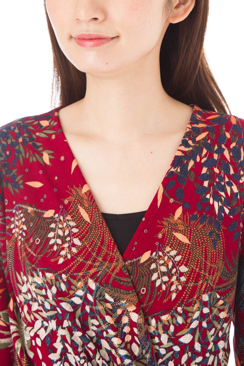 パリ ワンピース 大人可愛い 上品 フランス レディースレディースファッション Stellar ステラ T2 Paris T3サイズ インポート T2 T1 七分袖 T3サイズ エジェリ Egerie ワンピース ｖネック レディース ステラ ひざ丈ワンピース リーフ柄