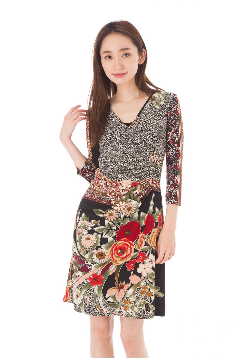 レディースファッション ワンピース 膝丈 七分袖 T4サイズ T3 T2 T1 フィフィーユ Fifilles ワンピース 花柄 上品 大人ワンピース レディース ジャージー Vネック セール Blog Paraisodasbombas Com Br