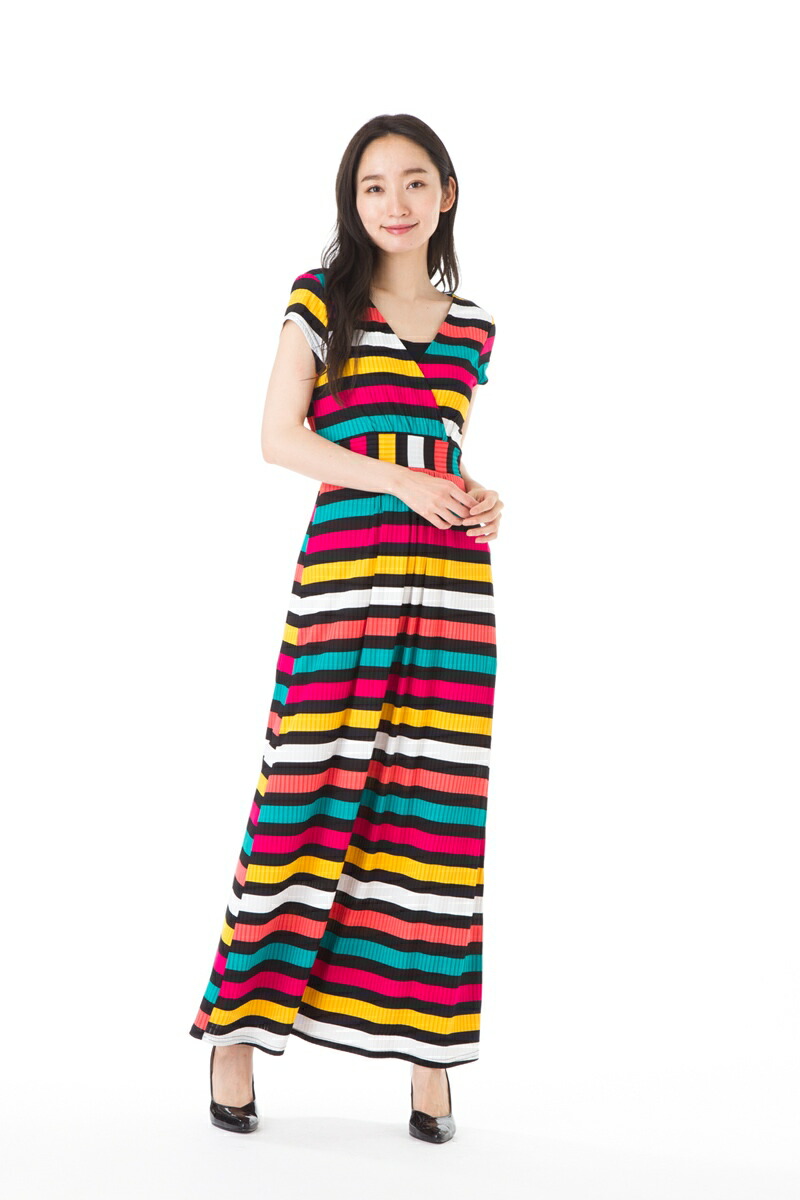 フィフィーユ(FIFILLES)ワンピース T1 T2 T3サイズ 半袖 Vネック ロング丈ワンピース 大人 レディース ボーダー柄 上品 大きいサイズ｜ステラ