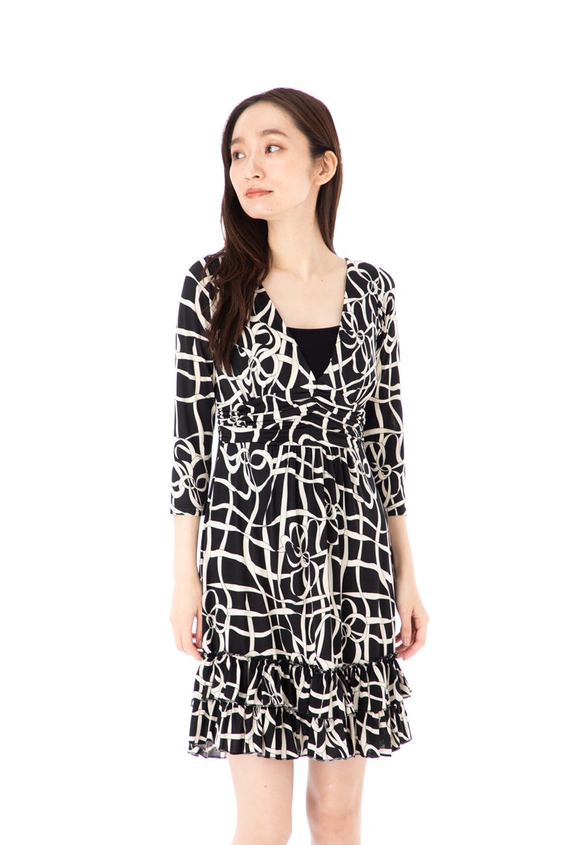 大人可愛い きれいめ フランス フィフィーユ Fifilles ワンピース パリ Vネック 大人ワンピース レディース Paris 総柄 インポート T1 T1 七分袖 膝丈 ワンピース Vネック 大人ワンピース レディース 上品 ステラ T2 T3サイズ 総柄 ジャージー