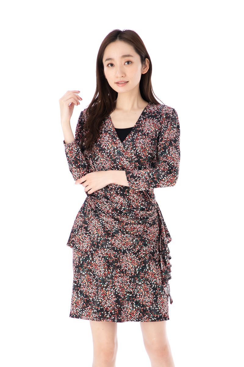 ワンピース ジャージー フランス Paris 七分袖 大人可愛い T1 カシュクール エジェリ Egerie ワンピース パリ インポート T2 膝丈 ワンピース カシュクール 上品 Stellar ステラ T3サイズ 七分袖 小花柄 ジャージー レディース 大人 ステラ