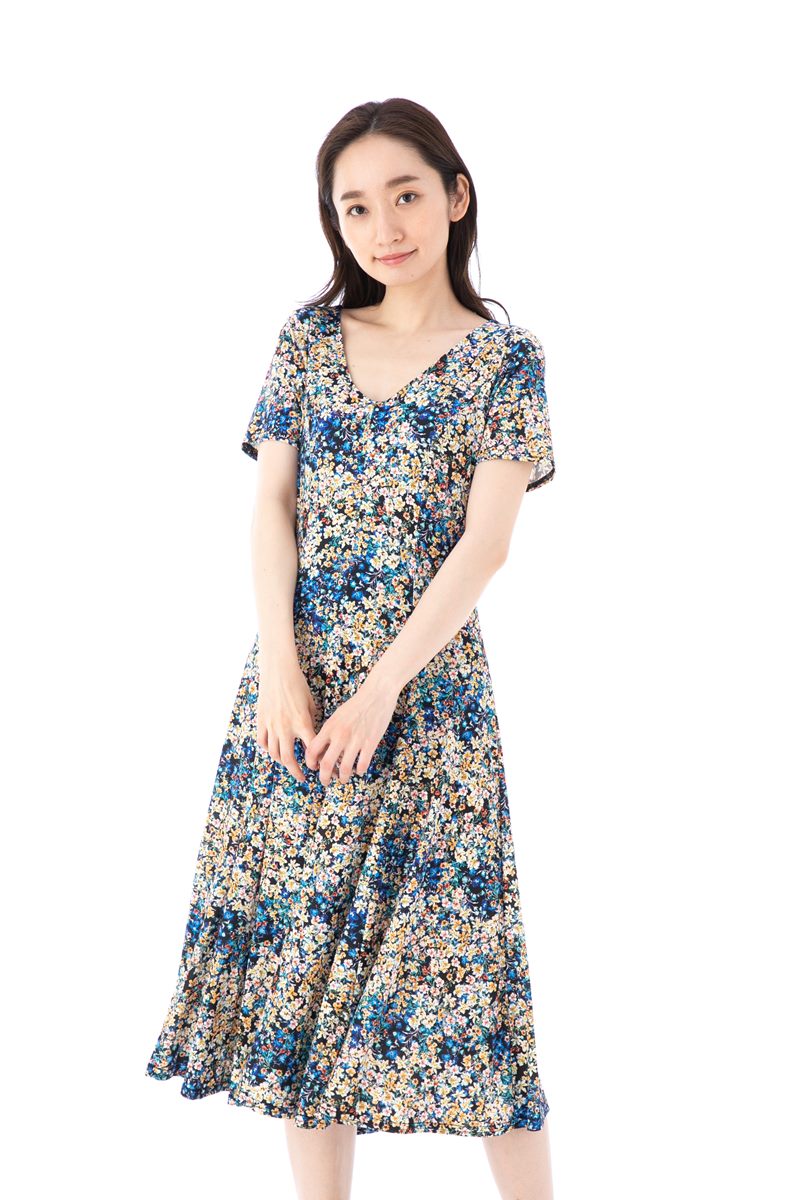 レディースファッション ワンピース フィフィーユ Fifilles ワンピース 上品 大人ワンピース レディース Vネック ジャージー 花柄 ミドル丈 半袖 T3サイズ T2 T1 お買い得 Www Rrj Mu