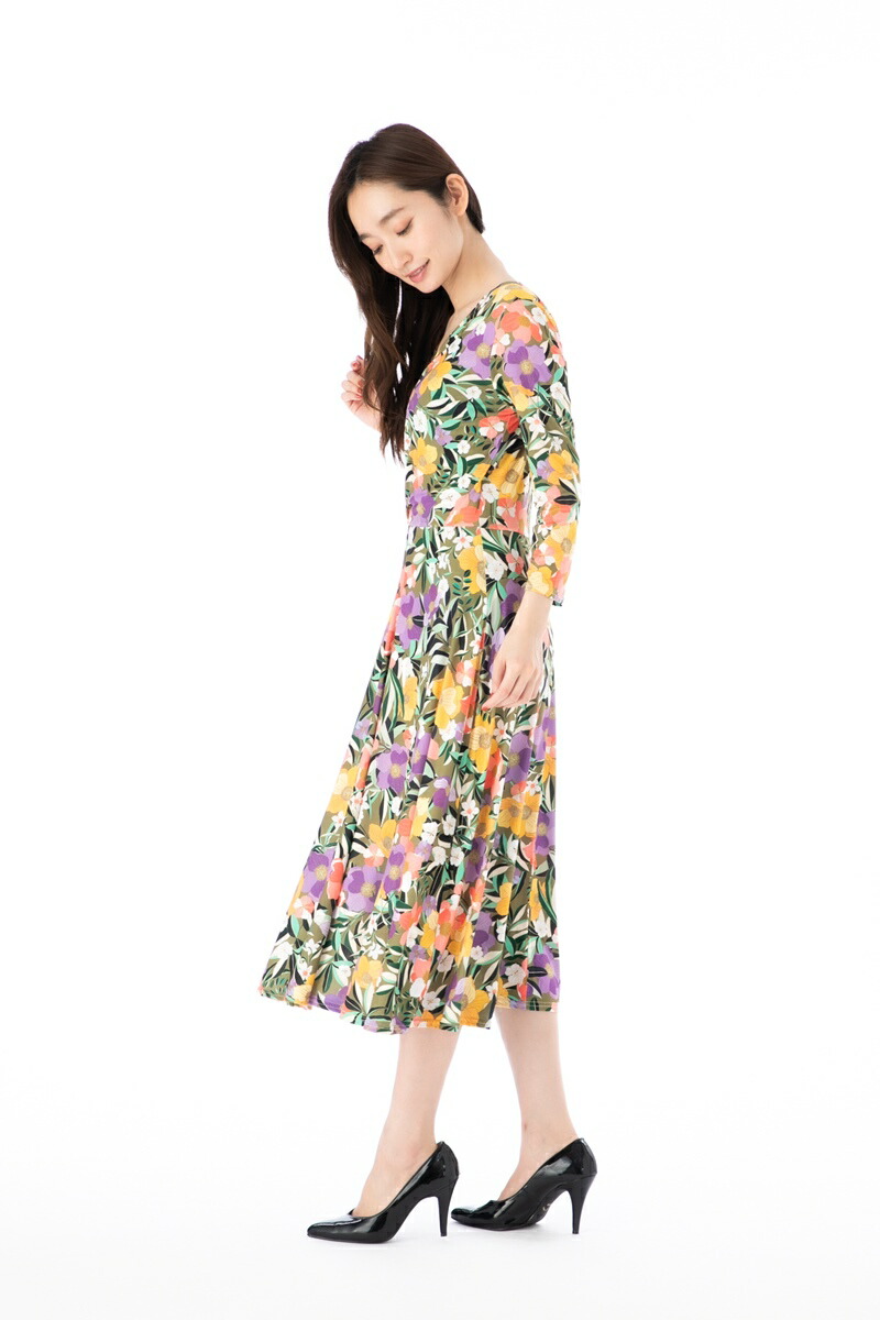 Paris パリ ミドル丈ワンピース フランス ジャージー 大人可愛い Stellar ステラ 上品 T1 インポート T3サイズ 七分袖 ワンピース エジェリ Egerie ワンピース T2 T3サイズ ミドル丈ワンピース 花柄 カシュクール ジャージー レディース ステラ