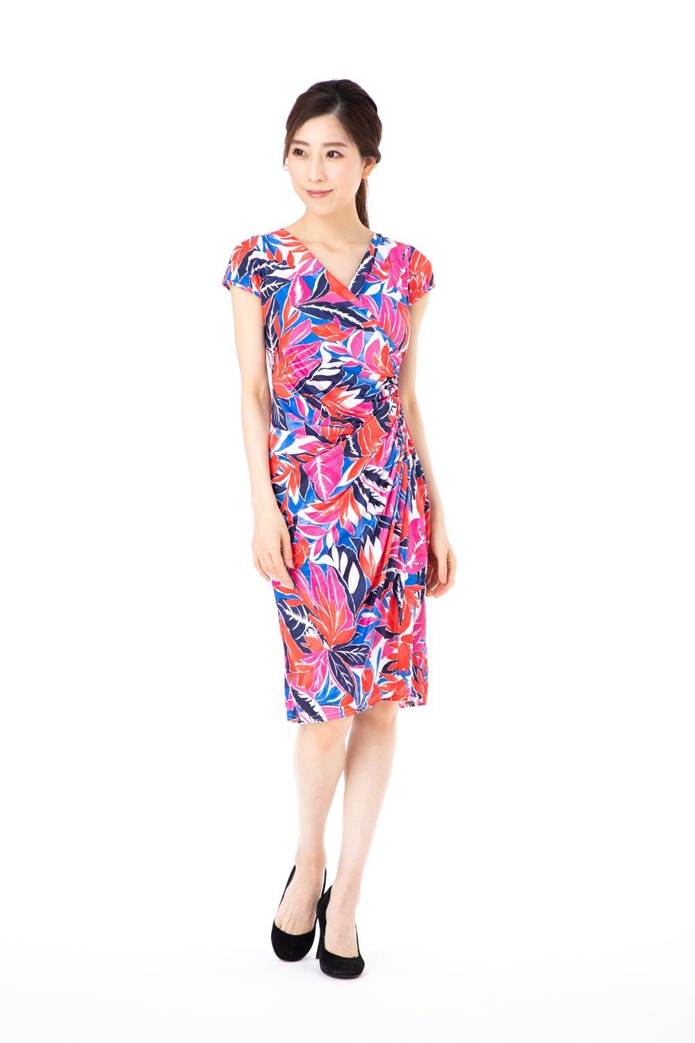 T1 膝丈ワンピース 大人可愛い リーフ柄 ワンピース T2 半袖 T3 レディース ステラ パリ レディース Stellar きれいめ エジェリ Egerie ワンピース 大人 ステラ カシュクール Paris 上品 ジャージー インポート T2 フランス T4サイズ 半袖