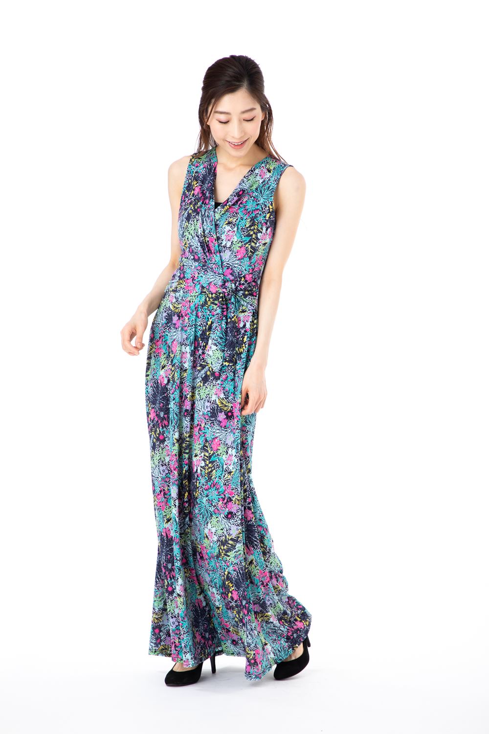 レディースファッション ワンピース オリジナル エジェリ Egerie ワンピース T1 大人 レディース ジャージー カシュクール 花柄 ロング丈 ワンピース ノースリーブ T4サイズ T3 T2 Zivejgovivax Mk