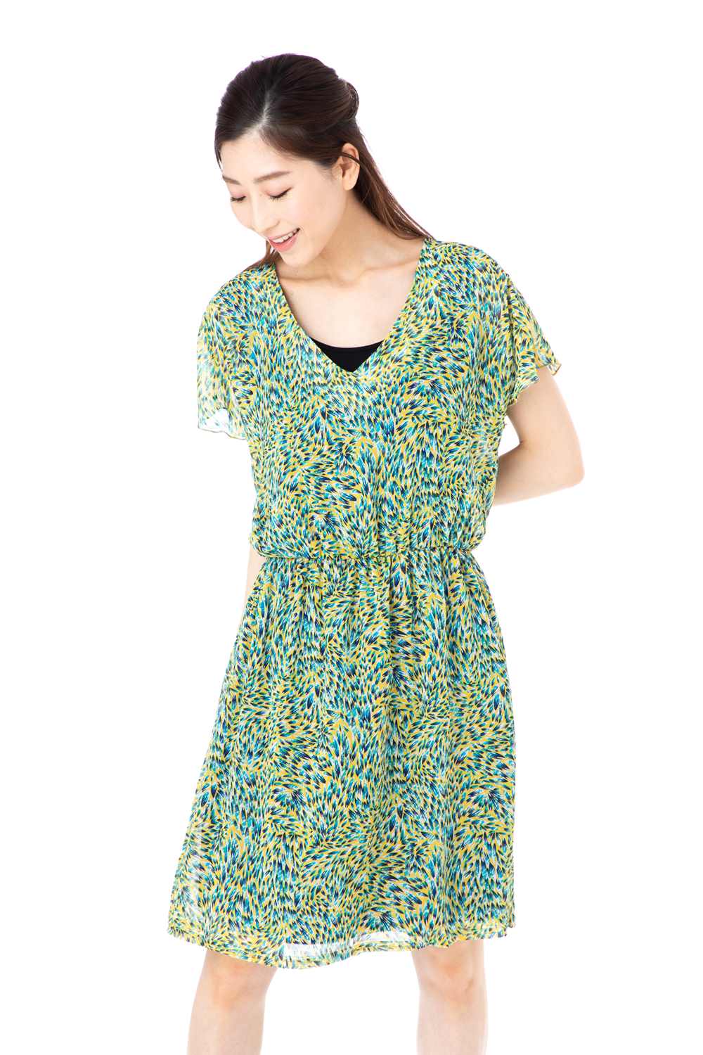 海外最新 ファス Fas ワンピース T1 T2 T3サイズ 半袖 膝丈 プリント柄 Vネック きれいめワンピース レディース Fille A Suivre 格安 Www Yazame Co Il