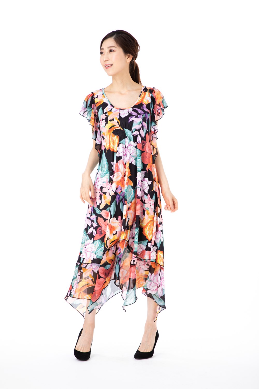 フランス Paris パリ ワンピース インポート 半袖 花柄 大人可愛い およばれ フィフィーユ Fifilles ワンピース きれいめレディースファッション Tuサイズ 半袖 ミドル丈 花柄 Uネック 大人ワンピース レディース きれいめ ステラ