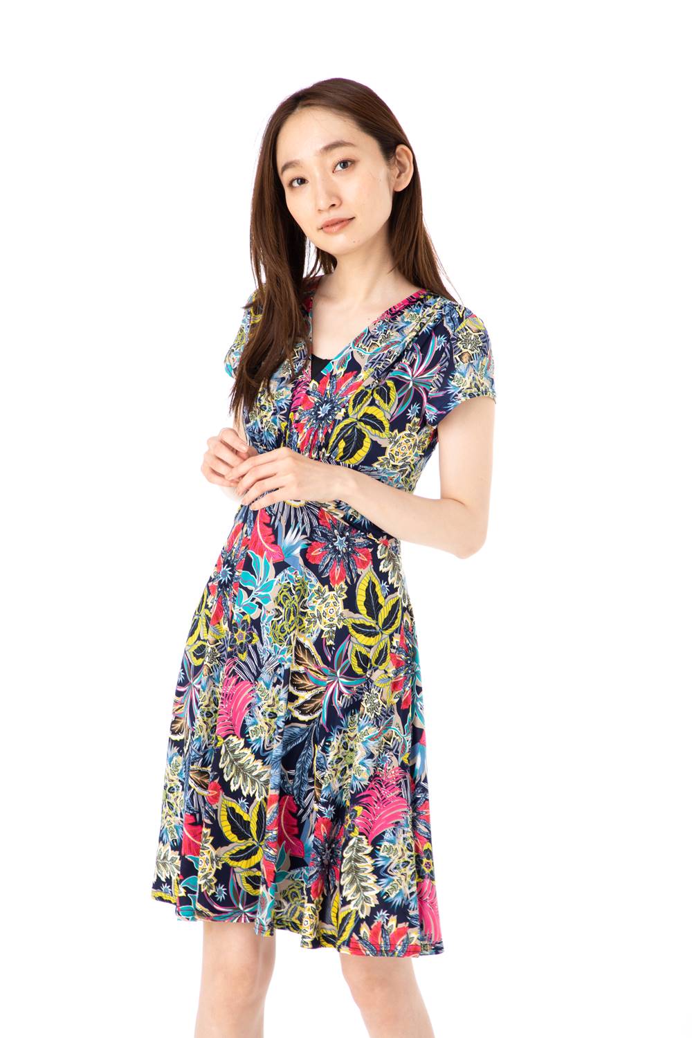 エジェリ Egerie ワンピース T1 T2 T3 T4サイズ 半袖 膝丈ワンピース 花柄 Vネック ジャージー レディース 大人 Andapt Com