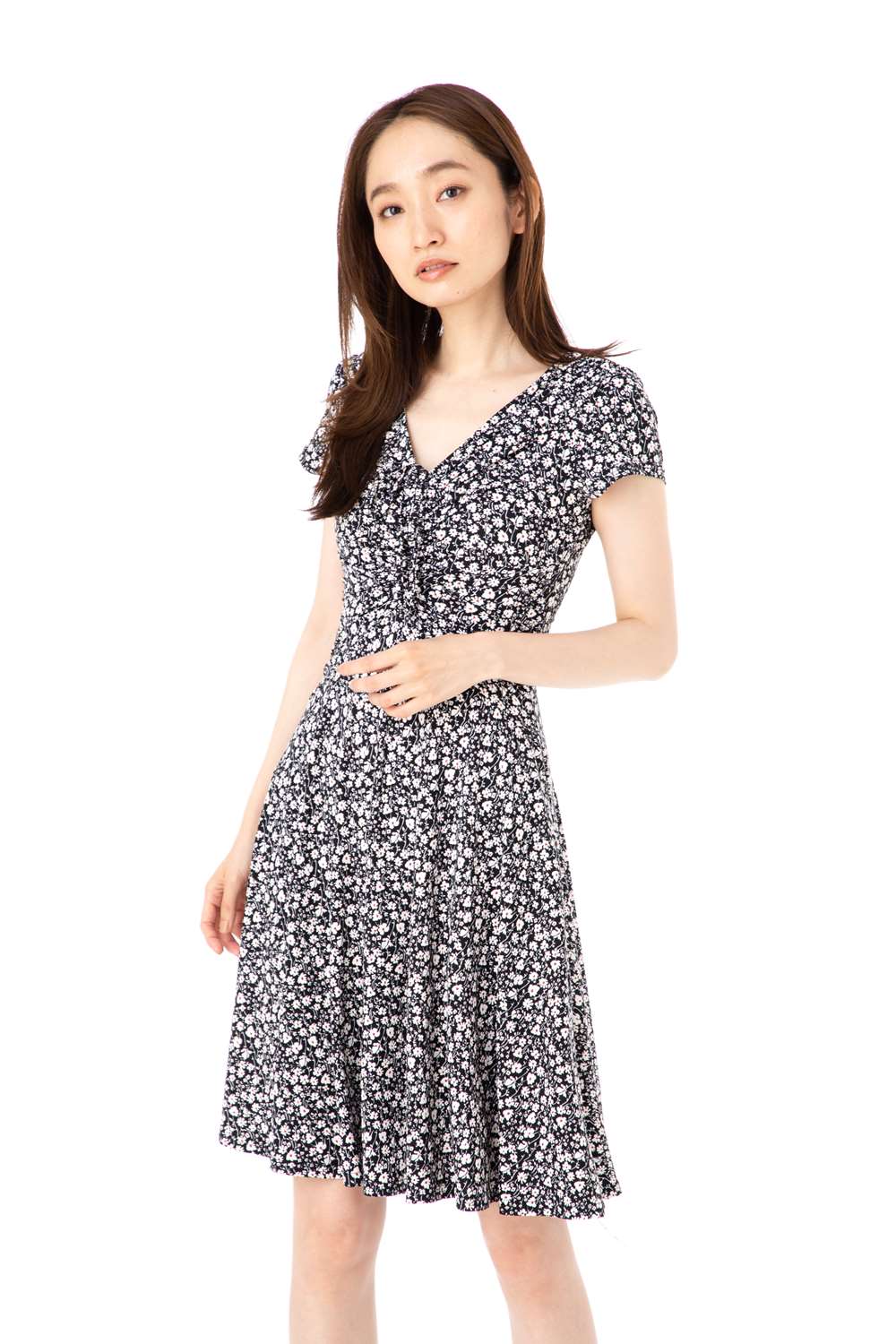 エジェリ Egerie ワンピース T1 T2 T3 T4サイズ 半袖 膝丈ワンピース 小花柄 Vネック ジャージー レディース 大人 Andapt Com