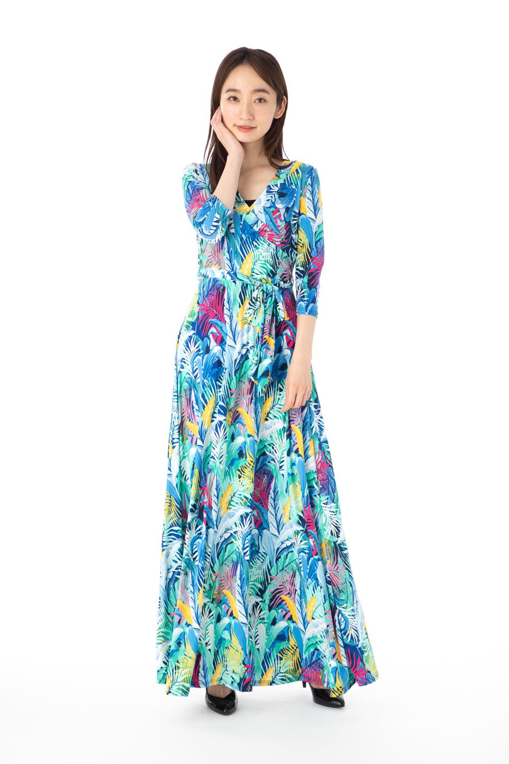 ジャネットファッション(JANETTE FASHION) ワンピース S M L XLサイズ カシュクール 7分袖 ロング丈 ジャージー リーフ柄 レディース 大人 きれいめ|ステラ