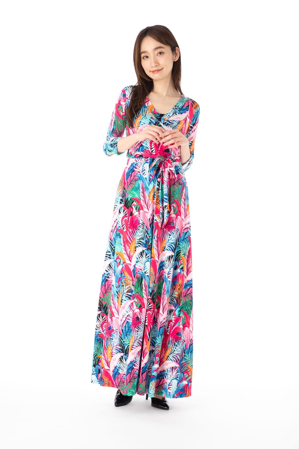 ジャネットファッション(JANETTE FASHION) ワンピース S M L XLサイズ カシュクール 7分袖 ロング丈 ジャージー リーフ柄 レディース 大人 きれいめ|ステラ