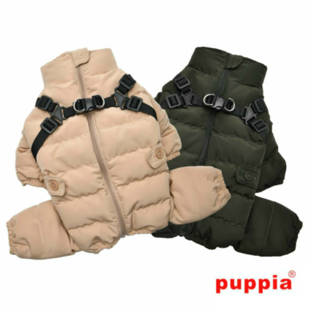 小型犬 中型犬 服 ハーネス一体型防寒ジャンパー 背開き オールインワンコート ハーネス付き 犬服 Puppia ドッグウェア 犬 コート ハーネス 背開き服 ハーネス付 ベージュ カーキ ハーネス一体型 ギフト プレゼント ジャンパー ペット用品 おしゃれ 防寒着 おさんぽ PUPPIA