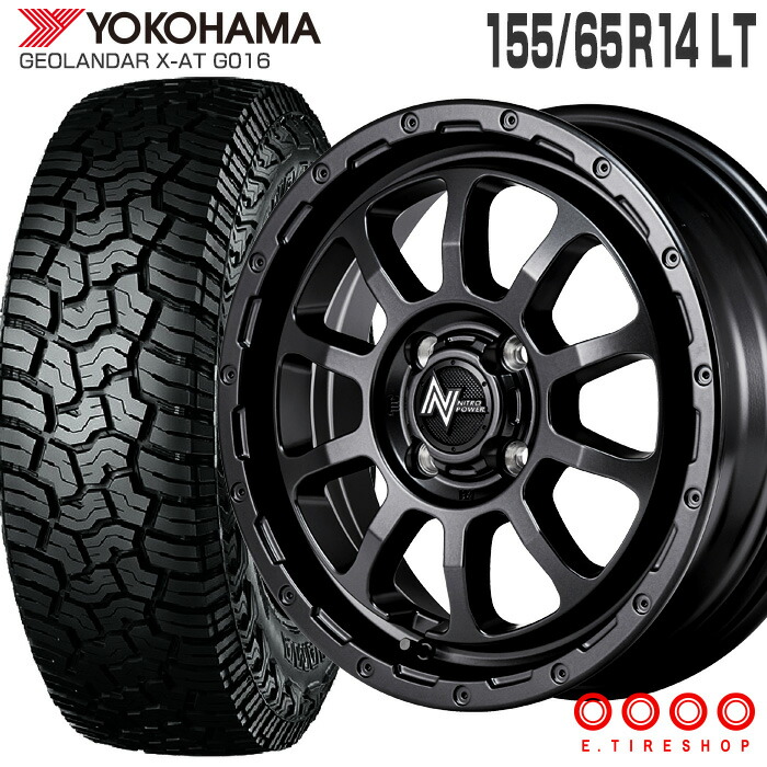 ジオランダー X-AT G016 155/65R14 ヨコハマタイヤ YOKOHAMA TIRES M10 PERSHING BARREL BLACK EDITION 14&times;4.5 PCD100/4H +45 バレルブラック 14インチ サマータイヤ 4本 ホイールセット GEOLANDAR X-AT バレルブラックエディション ラギッドテレーン｜Ｅタイヤショップ