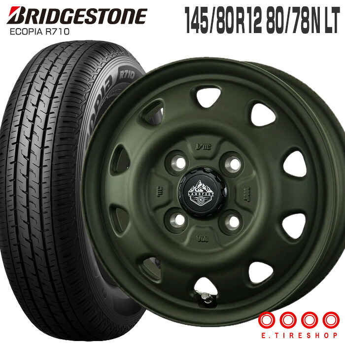 エコピア R710 145/80R12 80/78N ブリヂストン BRIDGESTONE ランドフット SWZ 12×3.5 PCD100/4H +44 オリーブドラブ 12インチ サマータイヤ 4本 ホイールセット (145R12 6PR 互換) ECOPIA LANDFOOT SWZ TOPY 軽トラ 軽バン ブリジストン