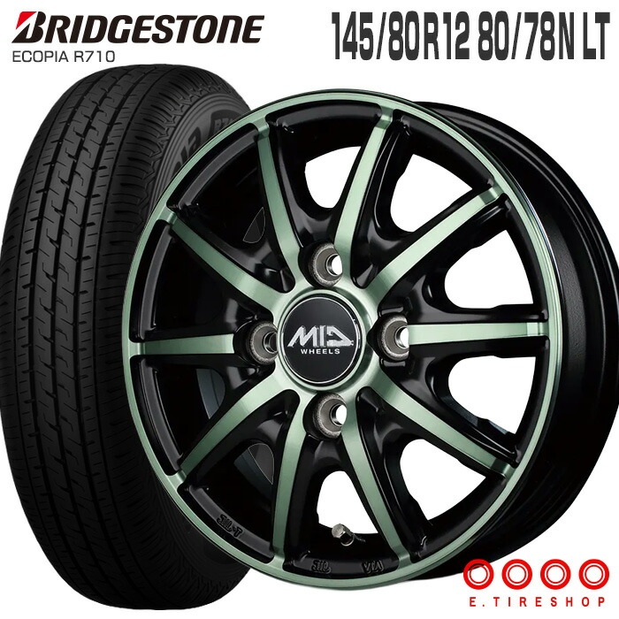 エコピア R710 145/80R12 80/78N ブリヂストン BRIDGESTONE MID WHEELS RX10-K 12&times;3.5 100/4 +42 ブラックポリッシュ クリスタルグリーンクリア 12インチ サマータイヤ 4本 ホイールセット (145R12 6PR 互換) ECOPIA 軽トラ 軽バン ブリジストン｜Ｅタイヤショップ