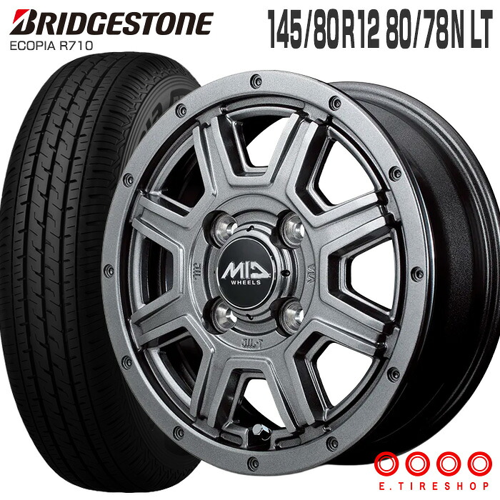 エコピア R710 145/80R12 80/78N ブリヂストン BRIDGESTONE MID WHEELS マッドライダー 12&times;4.00B 100/4 +42 メタリックグレー 12インチ サマータイヤ 4本 ホイールセット (145R12 6PR 互換) ECOPIA 軽トラ 軽バン ブリジストン｜Ｅタイヤショップ