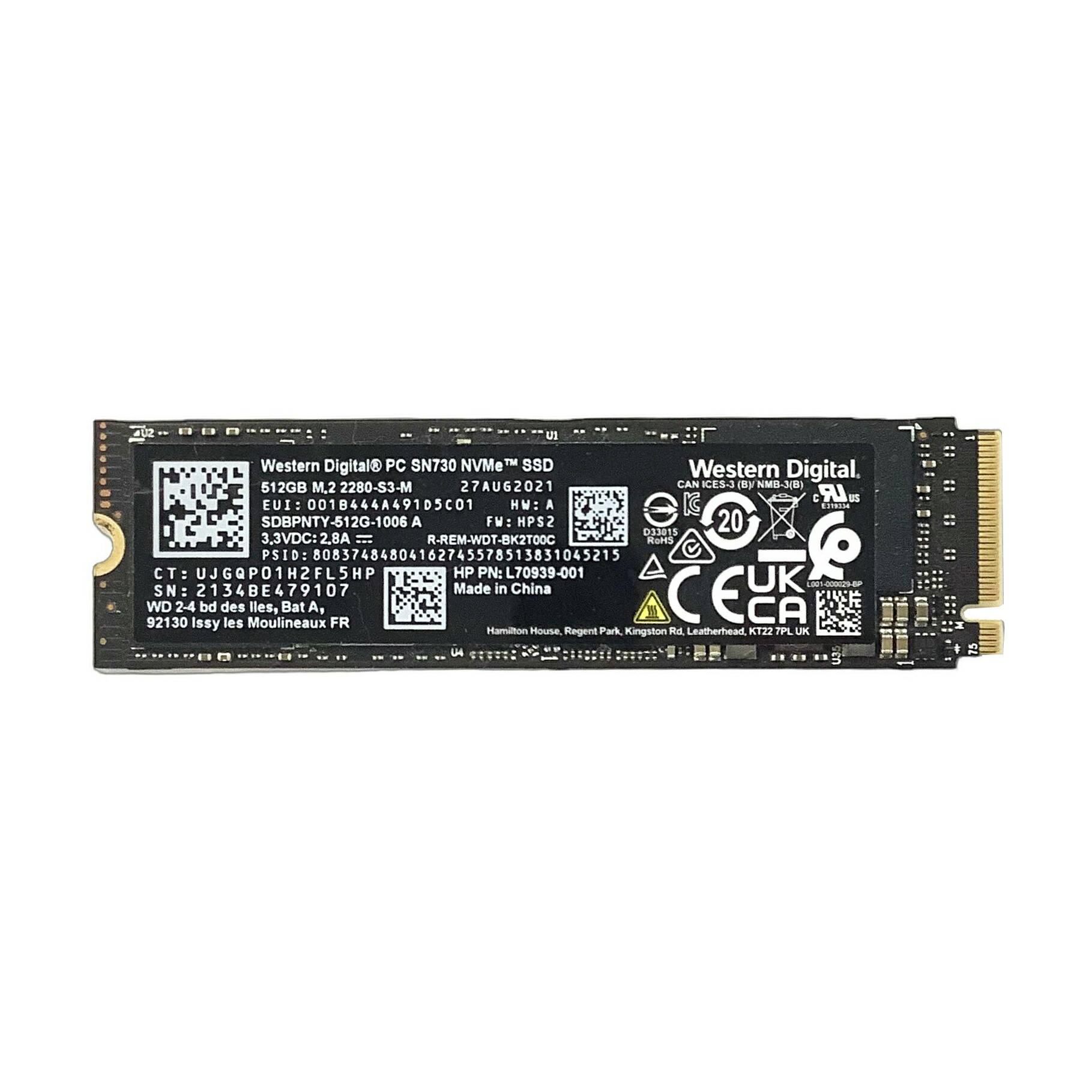 R282-WD SN730 NVMe 512GB SSD 1点 PCI-e NVMe 3.3V 2.8A 増設SSD 万覚え帳マイコン用SSD 事務机とっ始めパソコン用SSD 型番：SDBPNTY-512G-1006 A★貨物輸送無料★【中古動くこと品】