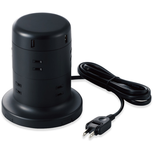 エレコム TT-U01-0820BK タワー型タップ 8個口 雷サージ付 ホコリ防止シャッター付 固定可能 5ポート合計出力4.8A 2.0m ブラック
