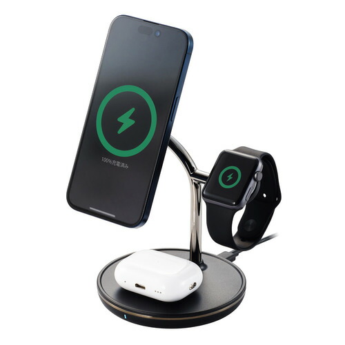 エレコム W-MS08BK 3in1ワイヤレス充電器 スタンド型 Qi2規格対応