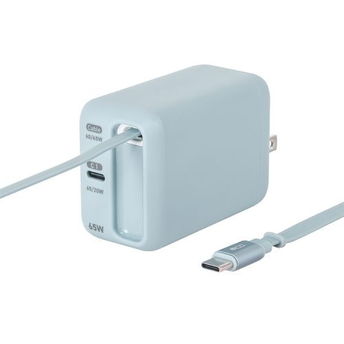 ナカバヤシ JYU-ACR0165BL Type-C巻取りケーブル付 充電器 USB PD65W対応 Type-Cポートx1搭載 ブルーグレー