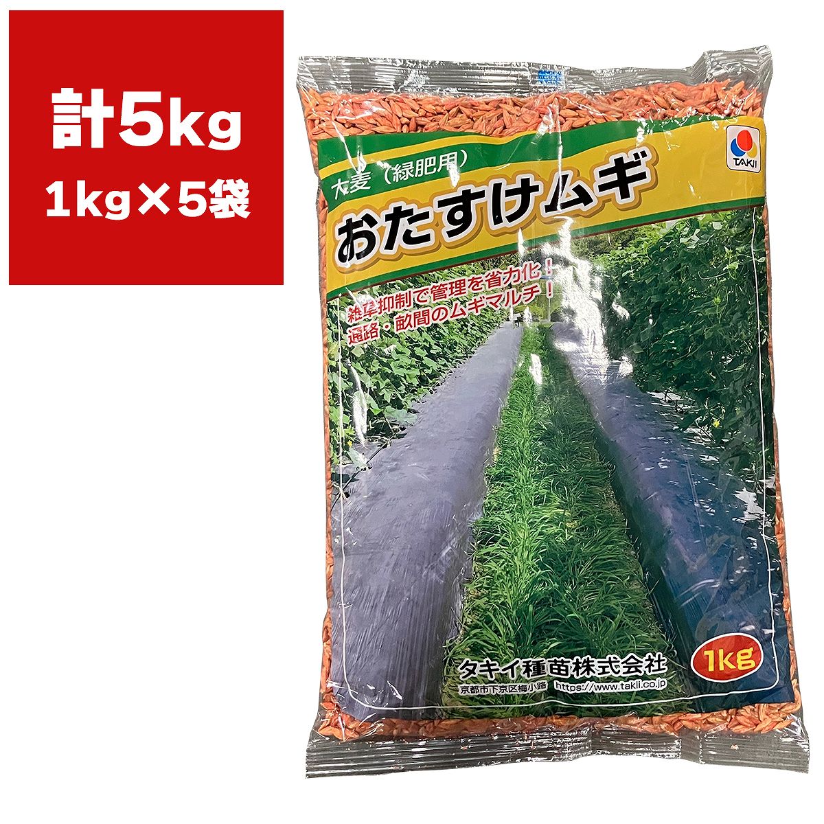 大麦(緑肥用)おたすけムギ 5kg (1kg×5袋) タキイ種苗 リビングマルチ 雑草抑制 景観緑肥 土壌改良 地温抑制 オオムギ 緑肥用種子 緑肥種子 緑肥 種 緑肥 種子