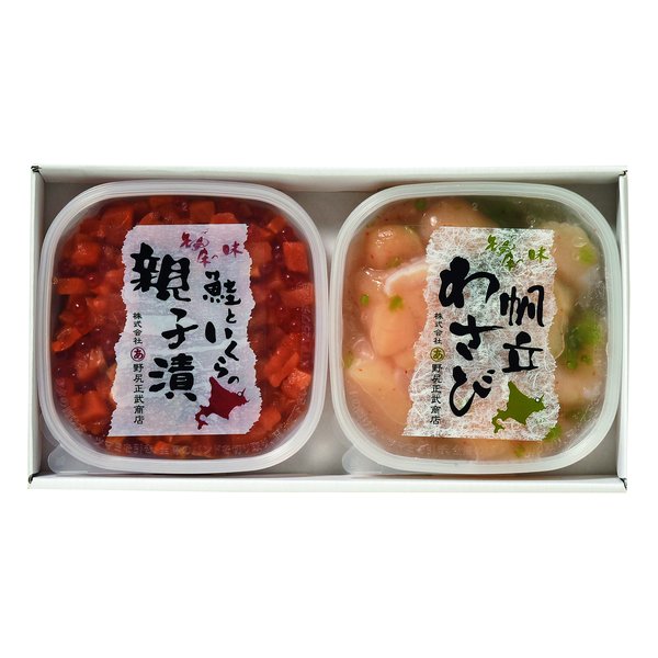 【23日20時～限定クーポン配布！25日は要エントリーでP抽選！】<br>丸あ野尻正武商店（マルアノジリマサタケショウテン）<br>野尻正武商店 鮭といくらの親子漬・帆立わさびセット 2種/各1個/2個セット ZOA619910202<br>(2646790)<br>代引不可