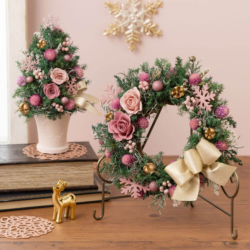楽天市場 クリスマス リース ツリー セット Nordic Pink プリザーブド ドライフラワー ギフト プレゼント クリスマスギフト クリスマスプレゼント 飾り 花 贈り物 フラワーギフト 誕生日 ミニツリー 卓上 オーナメント おしゃれ 店舗 装飾 インテリア 玄関 壁飾り