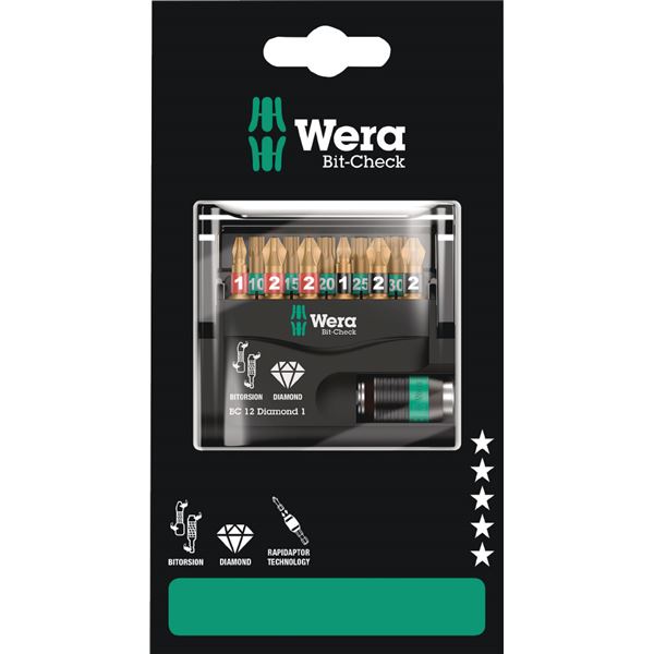 【送料無料】WERA ヴェラ 12点組 ダイヤモンドコーティング Bi-Torsion ドライバービット ホルダーセット ケース付 136392 工具 ツール DIY