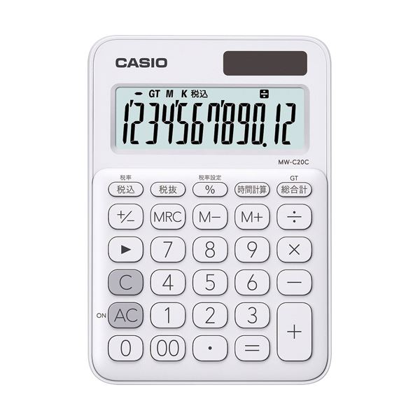 【送料無料】（まとめ）カシオ カラフル電卓 ミニジャストタイプ12桁 ホワイト MW-C20C-WE-N 1台【×5セット】