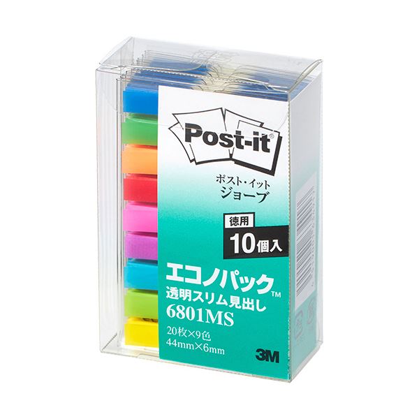 【送料無料】(まとめ) 3M ポストイット ジョーブ エコノパック 透明スリム見出し 44×6mm 9色 業務用パック 6801MS 1セット（90冊） 【×5セット】