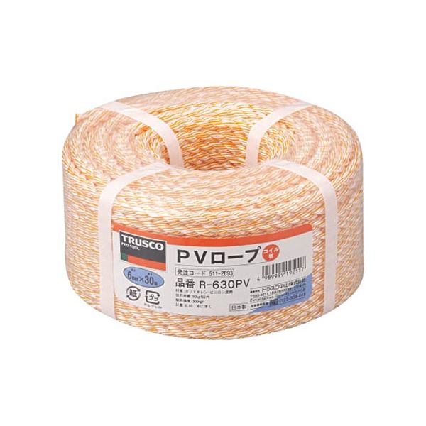 【送料無料】(まとめ) TRUSCO PVロープ 6mm&times;30m コイル巻 黄 R-630PV 1巻 【&times;3セット】｜イーグルアイ店