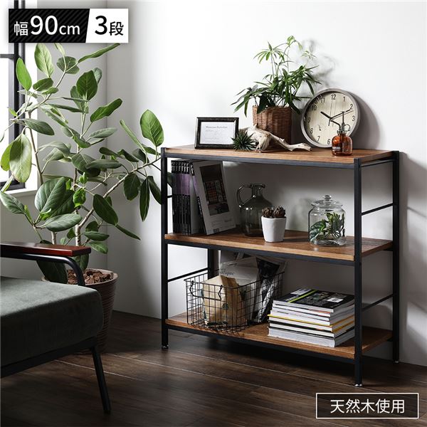 【送料無料】オープン ラック 3段 約幅90cm×奥行35cm×高さ82.5cm 天然木 桐材 スチール アンティーク仕上げ ヴィンテージテイスト アジャスター付き オープンシェルフ インテリア家具 ディスプレイラック 収納棚 収納家具 組立品【代引不可】