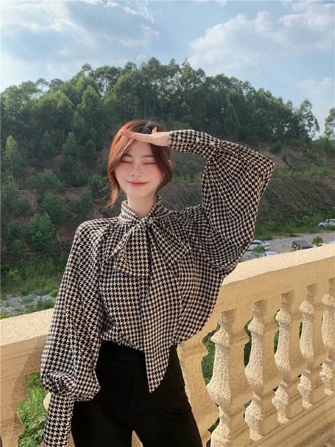 美品　ミズイロインド　千鳥格子 リボンブラウス ゆったり シャツ 長袖 楽天市場】シャツ 長袖 ブラウス 千鳥格子 カットソー ゆったり リボン